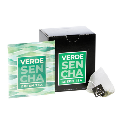 Verde Sencha Puro - 10 Pirámides - Te Verde Sencha Fukujyu - sobre - caja - bolsa