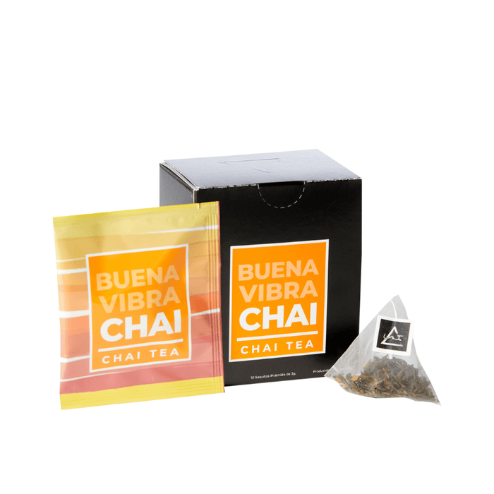 Buena Vibra Chai - Té negro con canela, jengibre y cardamomo - 10 piramides - caja - sobre - saquito