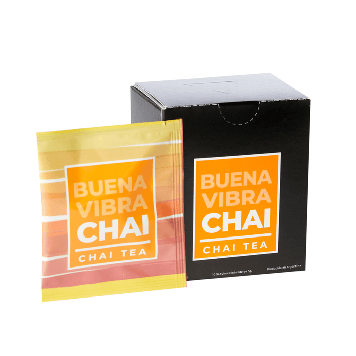 Buena Vibra Chai - Té negro con canela, jengibre y cardamomo - 10 piramides - caja - sobre